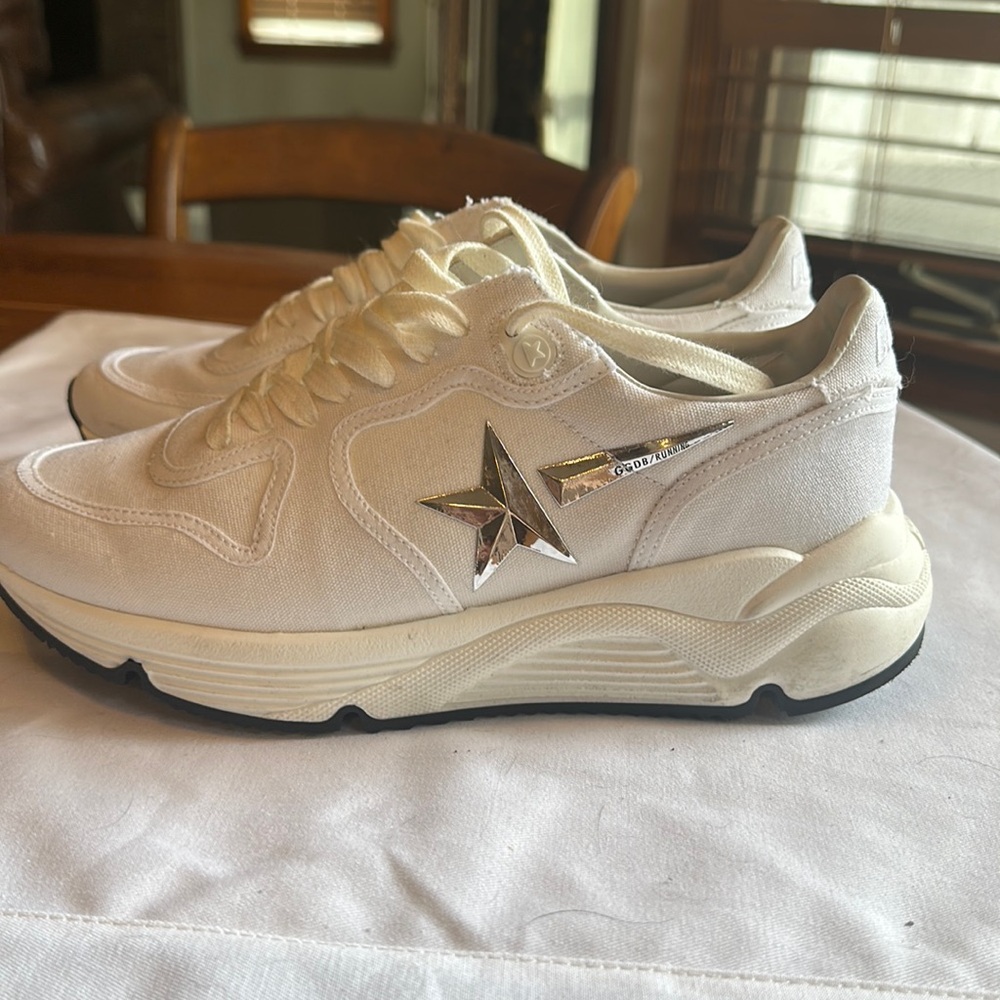 Golden Goose Running Sneaker, white and cream cloth, size 38 or US 8